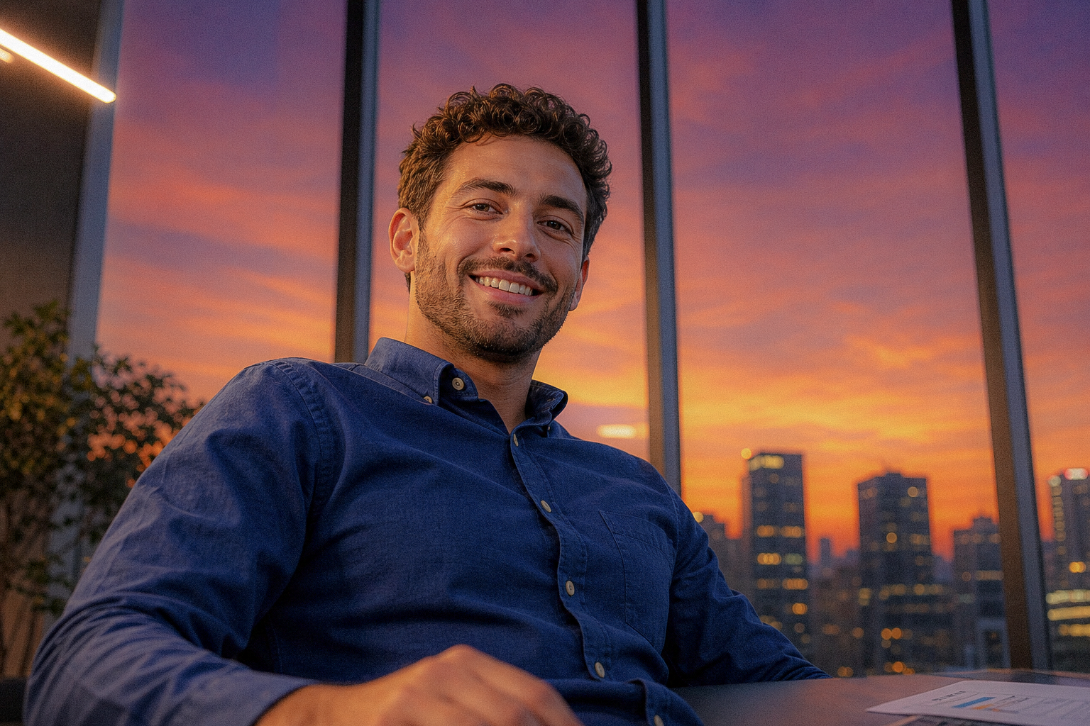 Colaborador sorrindo ao pôr do sol