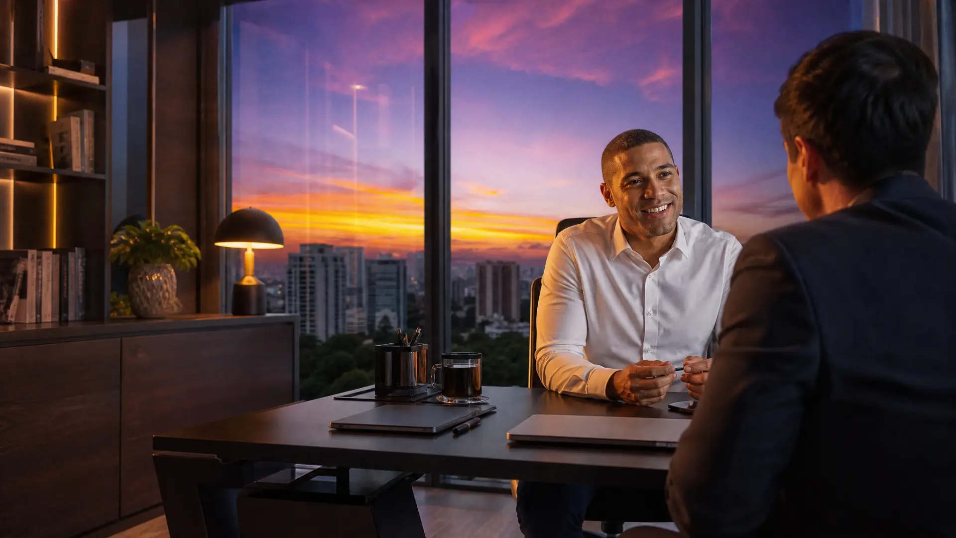 Executivos em reunião corporativa ao entardecer