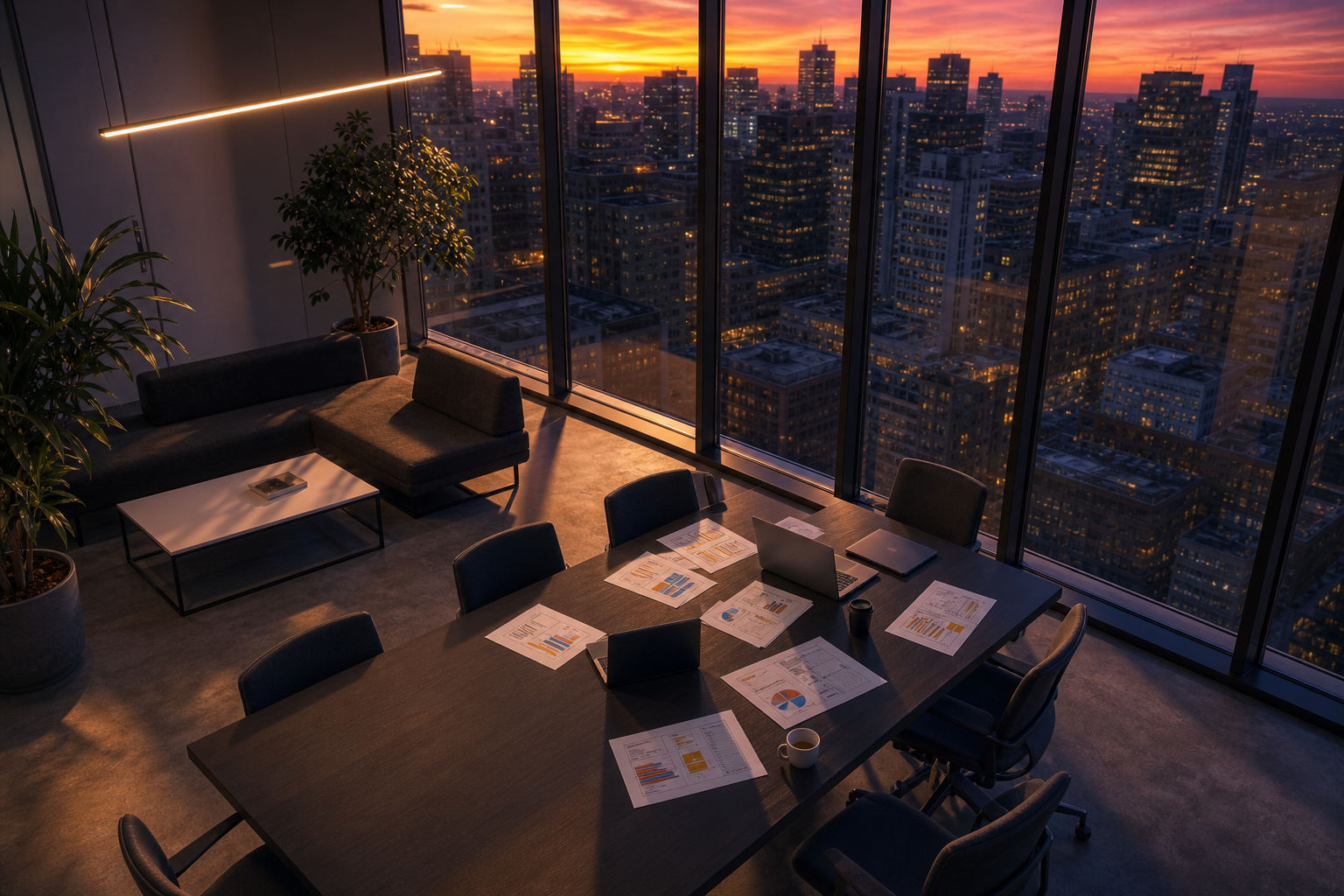 Escritório corporativo ao pôr do sol
